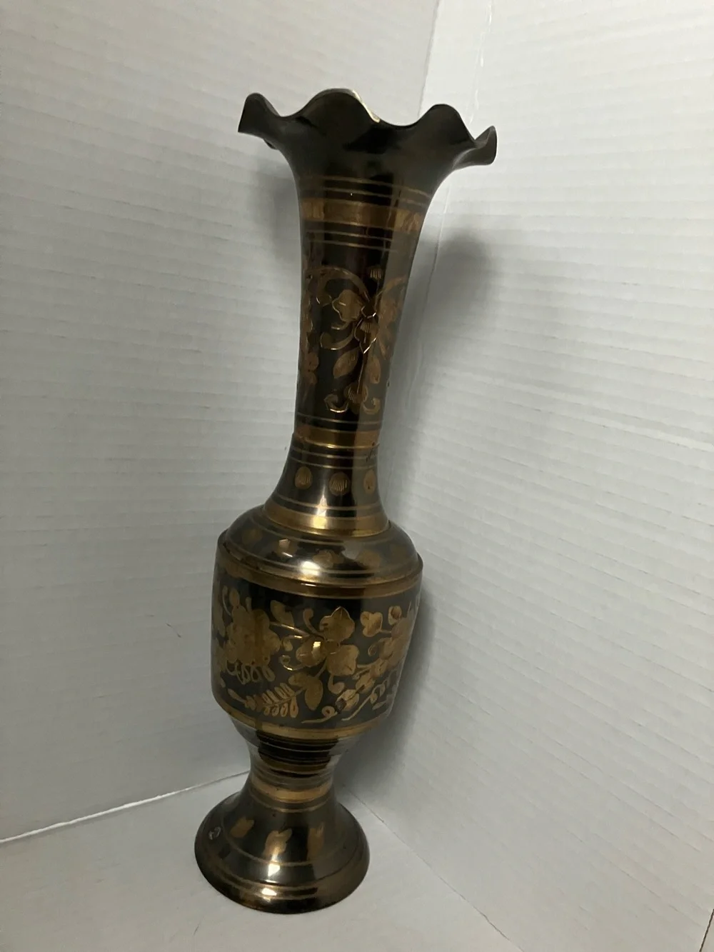 Vintage Brass and Black Floral Etched Vase Scalloped Top 13 Inch 1970’s Decor